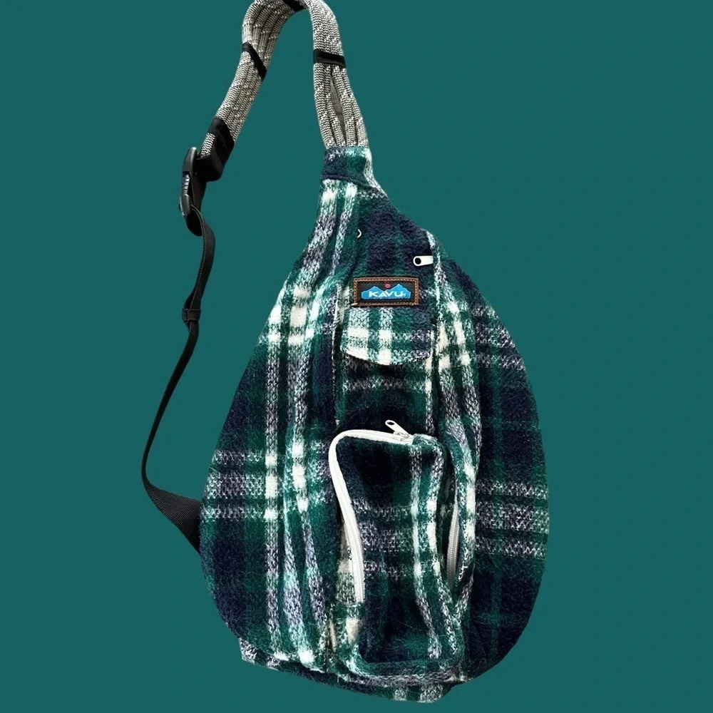 Kavu Plaid Flannel 4 strap rope‎ Shoulder bag Green Travel Camping Hiking